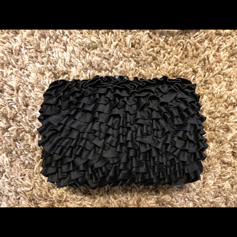 NWOT Black Ruffle Clutch with Chain